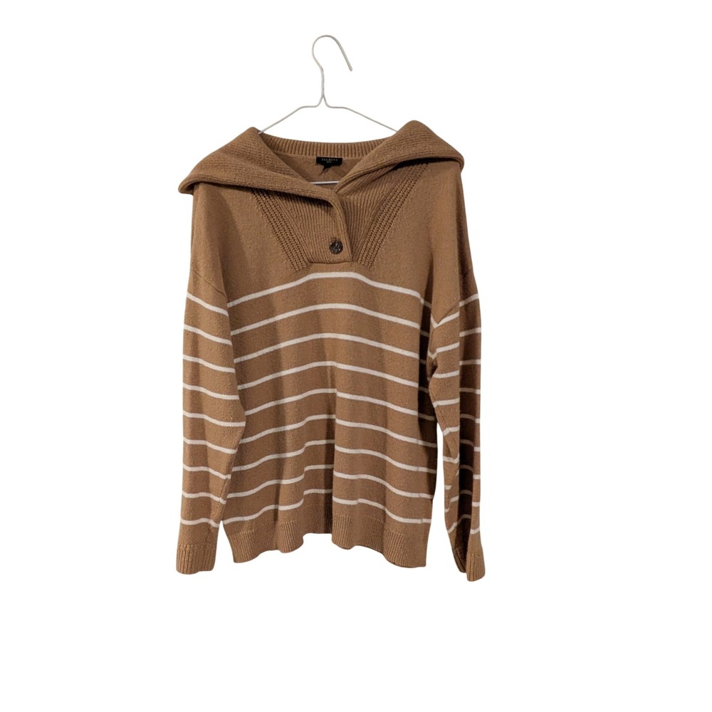 Talbots Sweater Womens XLP Brown Striped Sailor Collar Button Henley Knit